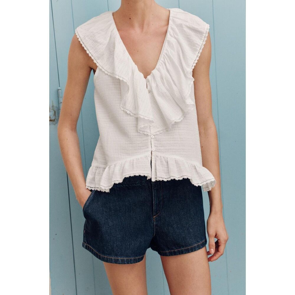 Zara Lace Trim Ruffled Blouse M White NWT Cottagecore Romantic